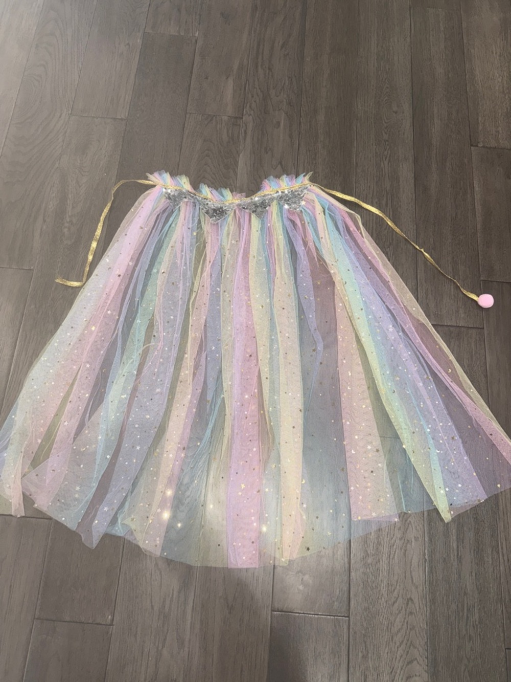 Pastel Rainbow Tulle unicorn cape w/ gold star Sparkles and silver sequence trim